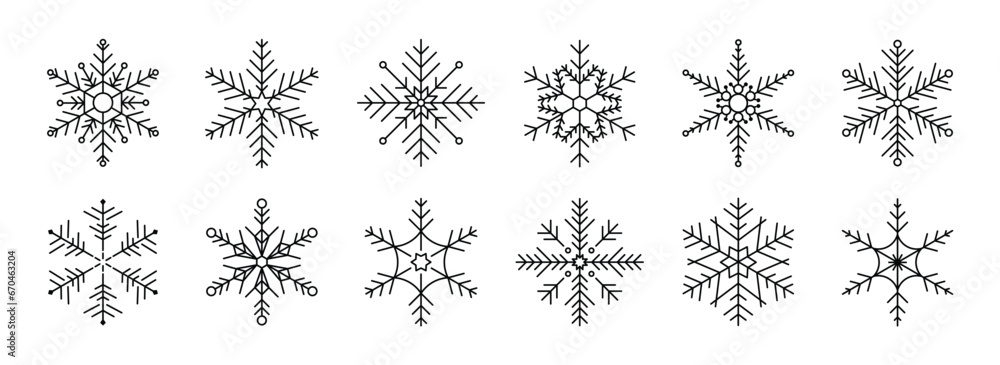 Set of snowflakes linear vector icon. Geometric snowflake shape, nature and winter related vector symbol hand drawn contour collection. Line art illustration design for logo, sticker, christmas. Set of snowflakes linear vector icon. Geometric snowflake shape, nature and winter related vector symbol hand drawn contour collection. Line art illustration design for logo, sticker, christmas.
