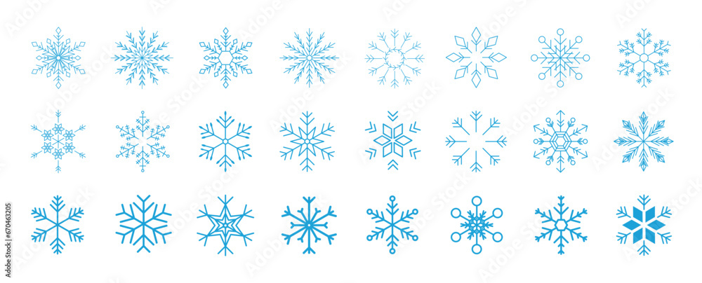 Set of snowflakes linear vector icon. Geometric snowflake shape, nature and winter related vector symbol hand drawn contour collection. Line art illustration design for logo, sticker, christmas. Set of snowflakes linear vector icon. Geometric snowflake shape, nature and winter related vector symbol hand drawn contour collection. Line art illustration design for logo, sticker, christmas.
