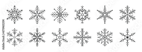 Set of snowflakes linear vector icon. Geometric snowflake shape, nature and winter related vector symbol hand drawn contour collection. Line art illustration design for logo, sticker, christmas.