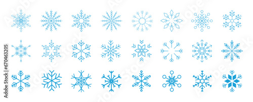 Set of snowflakes linear vector icon. Geometric snowflake shape, nature and winter related vector symbol hand drawn contour collection. Line art illustration design for logo, sticker, christmas.