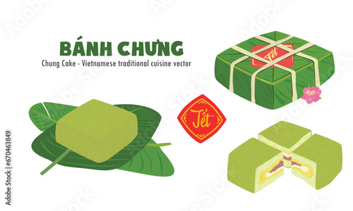 Chung cake vector set.  Whole, half and quarter of chung cake. Vietnamese cuisine. Vietnamese traditional new year. Square sticky rice stuffed in green leaves. Banh chung. Happy Tet holiday. Tet food.