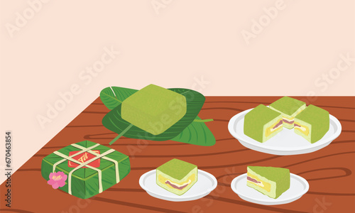 Chung cake vector set.  Whole, half and quarter of chung cake. Vietnamese cuisine. Vietnamese traditional new year. Square sticky rice stuffed in green leaves. Banh chung. Happy Tet holiday. Tet food.