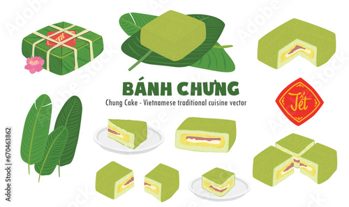 Chung cake vector set.  Whole, half and quarter of chung cake. Vietnamese cuisine. Vietnamese traditional new year. Square sticky rice stuffed in green leaves. Banh chung. Happy Tet holiday. Tet food.