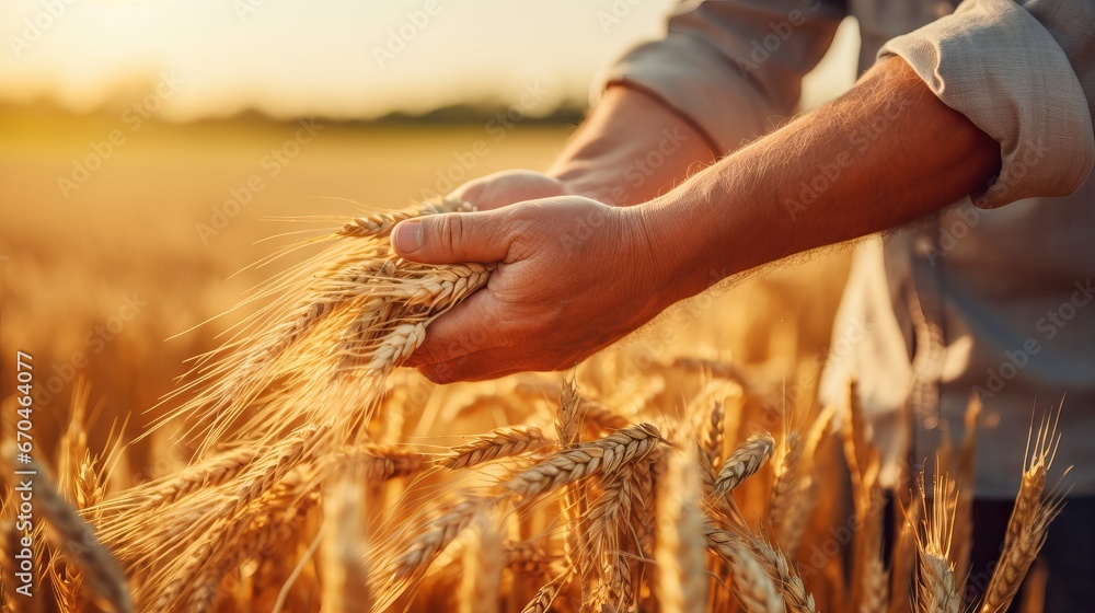 The hands of a farmer close up pour a handful of wheat grains in a wheat field. - obrazy, fototapety, plakaty 