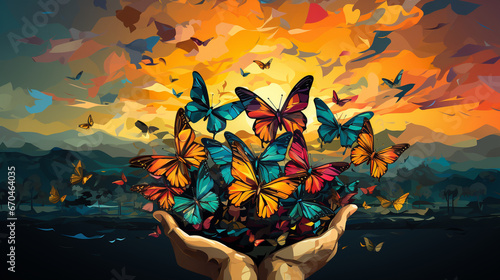 An artwork of hands releasing butterflies, signifying transformation and freedom photo