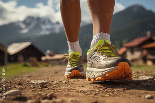 Close-up at the trail runner's feet during running on dirt terrain route with beautiful hill range with orange sunlight shade as background. Extreme sport activity scene. 