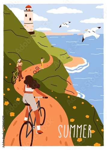 Cyclists on bicycles, travel at sea side. People cycling at seaside. Cyclists riding bikes, nature promenade, adventure on summer holiday, vacation. Summertime season card. Flat vector illustration