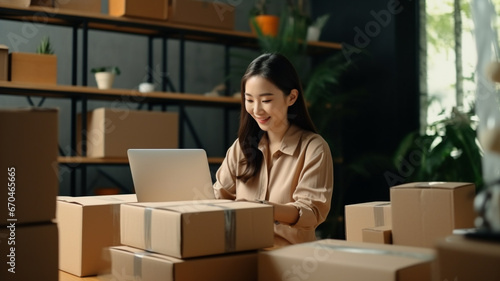 A female business owner selling products online is using a laptop to check stock.