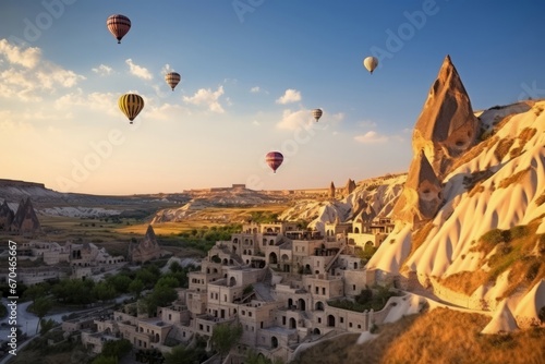 Balloons Cappadocia morning. Sun fly outdoor, air travel tourism. Generate Ai