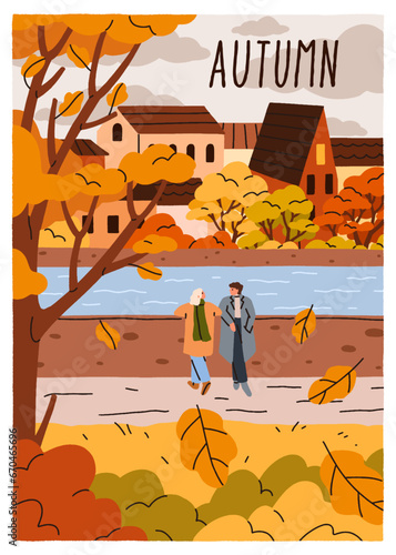 Love couple, romantic autumn date in city park. Fall card, man and woman vale...