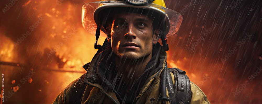 Fireman portrait. The house is on fire background Fireman portrait. The house is on fire background