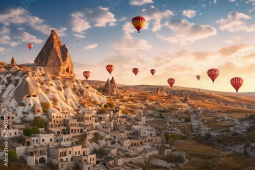 Balloons Cappadocia morning landscape. Aerial holiday summer hill nature. Generate Ai