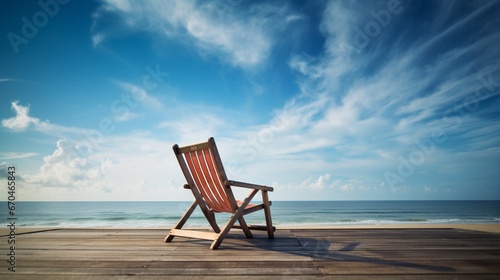A lone wooden deck chair, facing the horizon where the sky meets the sea.