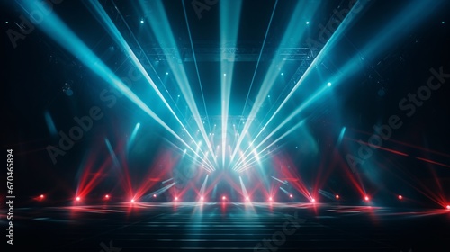 a stage setup with colorful light beams, expansive spaces, light teal and light red, exuberant