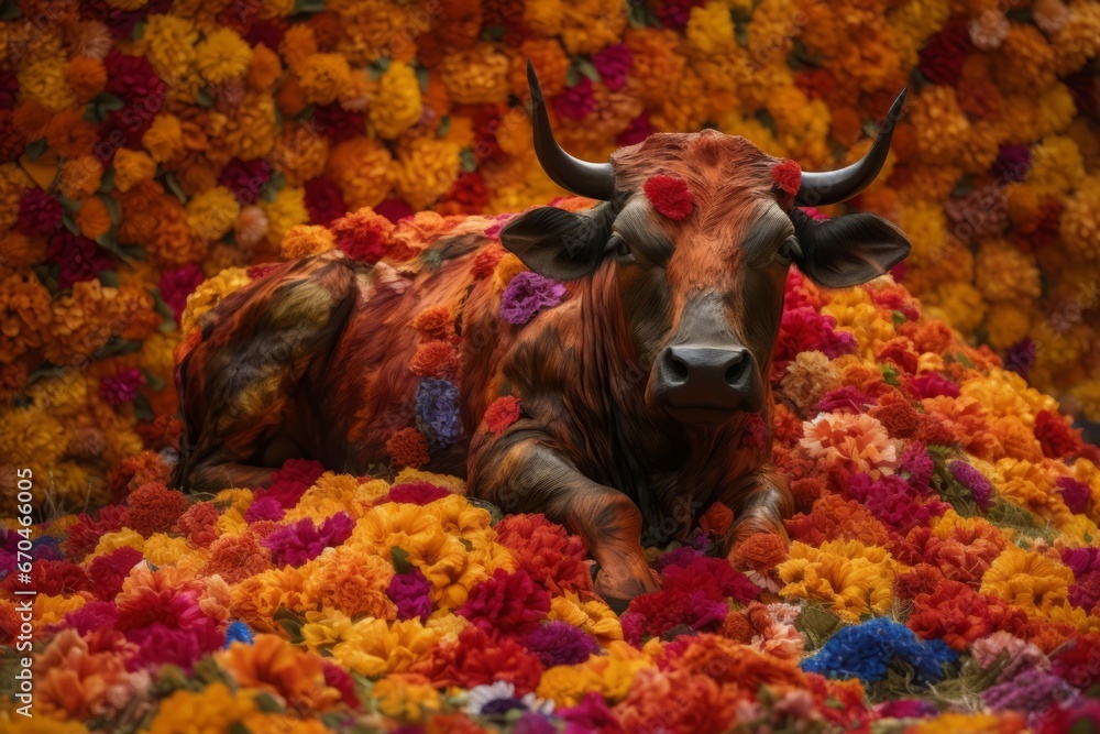 Bull flowers colorful lying. Outdoor rural floral valley photo shot. Generate Ai