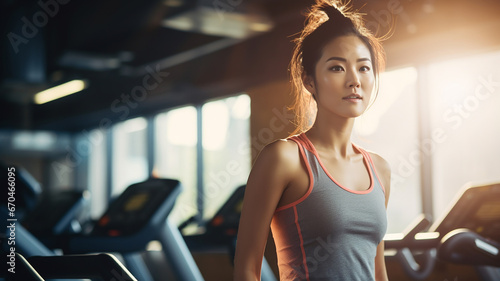 Beautiful Asian woman smiling happily in the gym.
