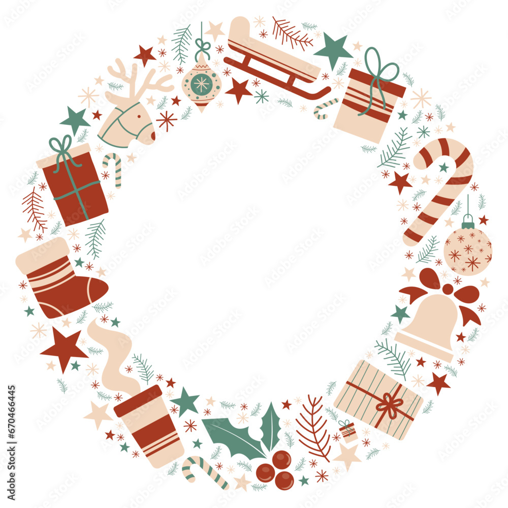 Obraz premium Couronne de Noël - Illustrations vectorielles éditables autour des fêtes de fin d'année - Motifs et couleurs de Noël pour célébrer les fêtes - Cadeaux, cloches, boules de Noël, houx, branches, flocons