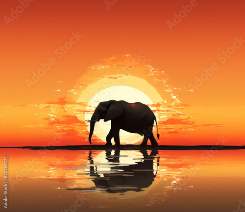 sun setting over people on elephant back riding, in the style of calming symmetry