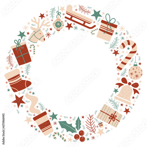 Couronne de Noël - Illustrations vectorielles éditables autour des fêtes de fin d'année - Motifs et couleurs de Noël pour célébrer les fêtes - Cadeaux, cloches, boules de Noël, houx, branches, flocons
