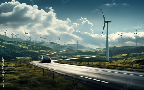 Electric car drive on the wind turbines background. Car drives along a mountain road. Electric car driving along windmills farm. Alternative energy for cars. Car and wind turbines farm