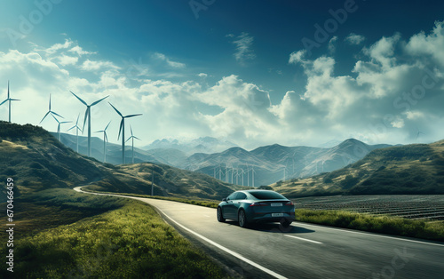 Electric car drive on the wind turbines background. Car drives along a mountain road. Electric car driving along windmills farm. Alternative energy for cars. Car and wind turbines farm photo