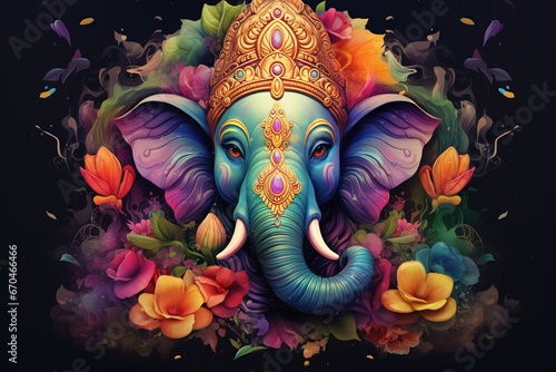 illustration of illustration for Ganesha face in poster color use,Generative ai photo