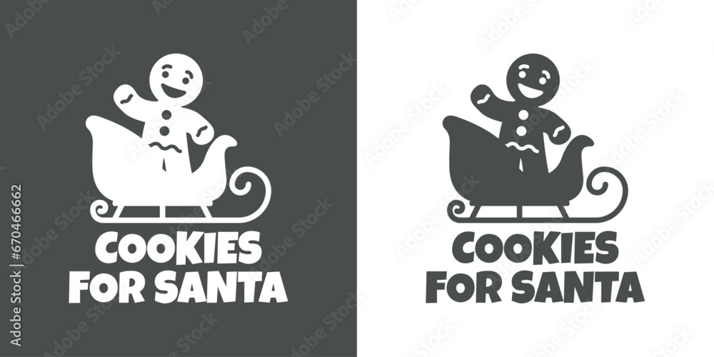Tiempo de Navidad. Logo con palabras en texto manuscrito Cookies for Santa con silueta de hombre de pan de jengibre en trineo para su uso en invitaciones y felicitaciones