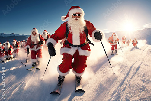 Santa Clauses ski down the mountain at the ski resort