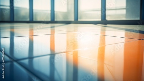 a window light reflecting on an office floor, blurred landscapes, light orange and blue, glossy finish