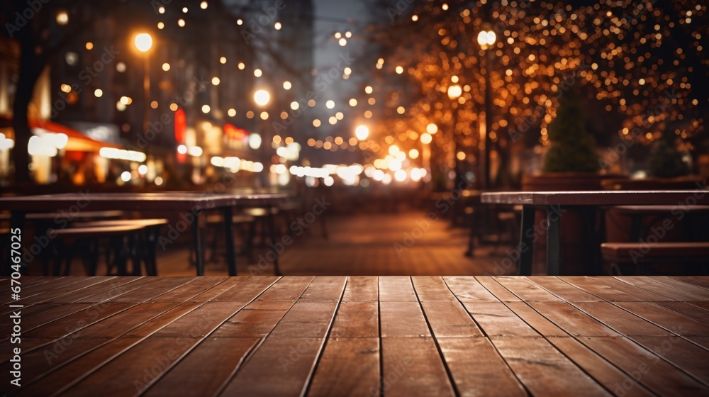 a wooden table on a street with lights behind it, popular imagery, warm tonal range, festive Christmas atmosphere
