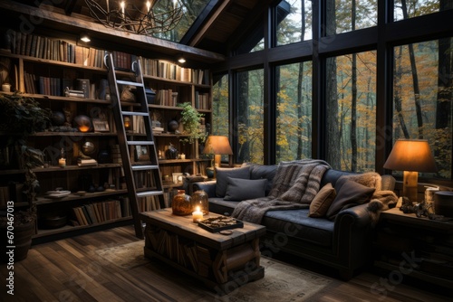 Home office cabin with a bookshelf wall and a cozy reading nook, Generative AI