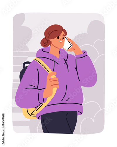 Woman talking on mobile phone, walking on street. Happy smiling girl speaking...