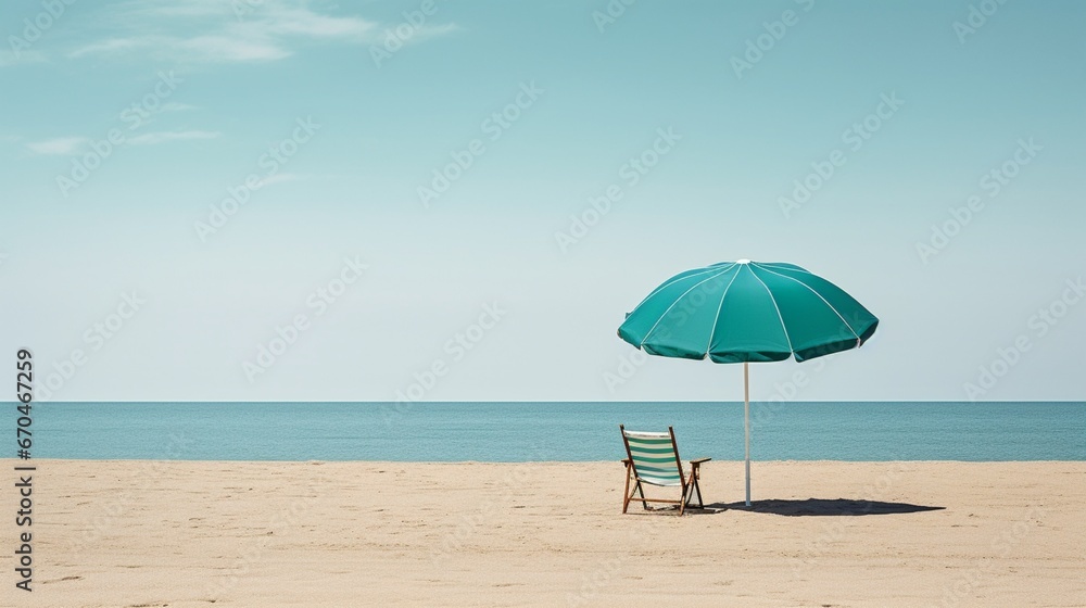 A minimalist scene featuring a singular chair and umbrella, symbolizing solitude amidst the expansive beach landscape. - obrazy, fototapety, plakaty 