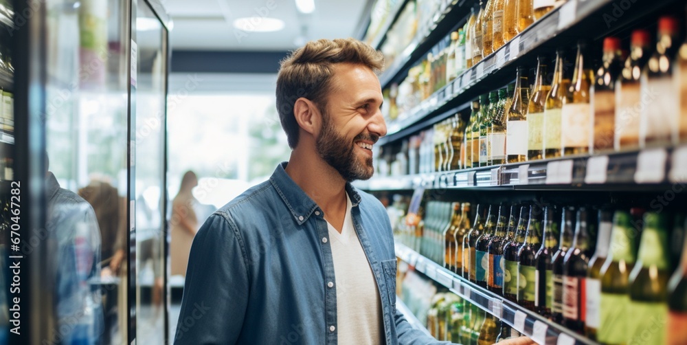 A man customer buying food in grocery store. Supermarket, consumerism concept A man customer buying food in grocery store. Supermarket, consumerism concept