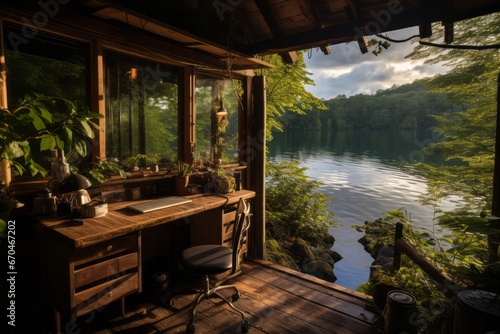  Remote office cabin in a serene natural setting, providing a tranquil workspace, Generative AI