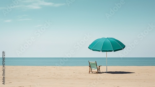 A minimalist scene featuring a singular chair and umbrella, symbolizing solitude amidst the expansive beach landscape. photo