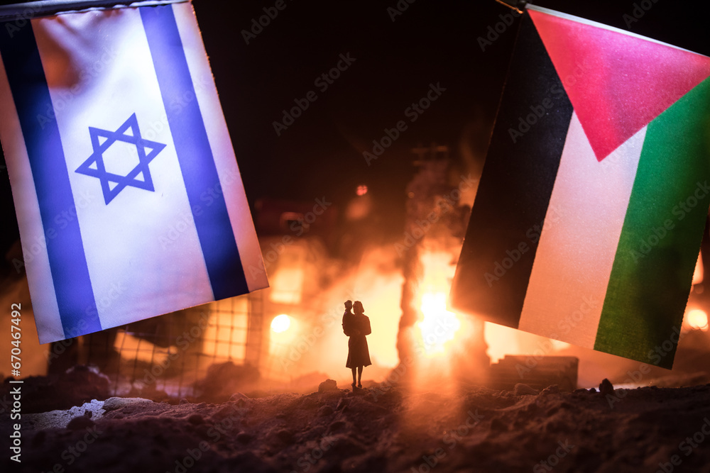 Israel flag on burning dark background with candle. Attack on Israel, mourning for victims concept or Concept of crisis of war and political conflict. - obrazy, fototapety, plakaty 