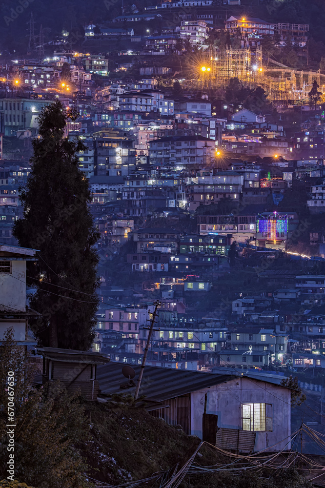View over Kohima city at night, Nagaland, India