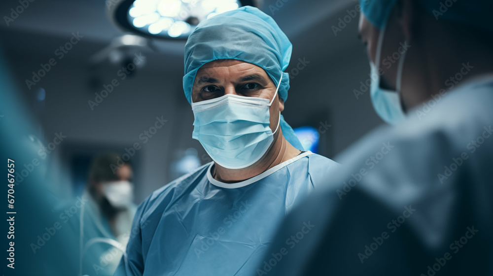 Male surgeon looking at camera in operating room. Generative AI. Male surgeon looking at camera in operating room. Generative AI.