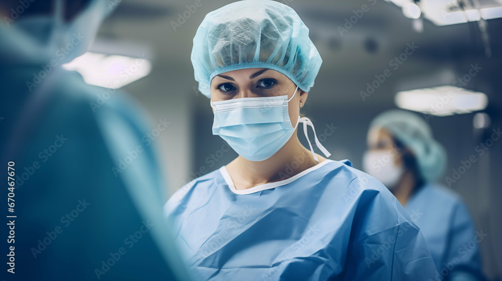Female surgeon looking at camera in operating room. Generative AI. Female surgeon looking at camera in operating room. Generative AI.