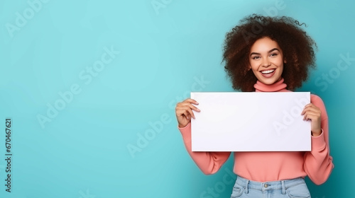 Young Caucasian woman holding blank placard with copy space for advertisement. Generative AI. photo