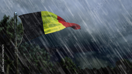 flag of Belgium with rain and dark clouds, bad weather symbol - nature 3D illustration