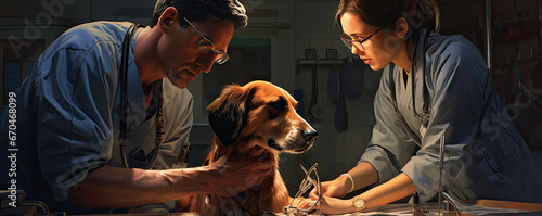 Examining dog almost real photo. Vet doctor and cute pets. wide banner
