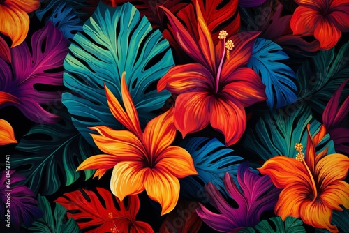 illustration of  jungle leaf pattern Hawaiian hibiscus primary colors, Generative ai © rajesh