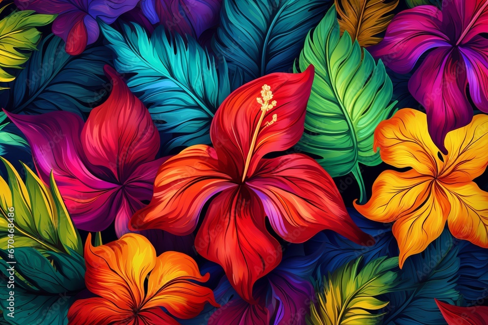illustration of  jungle leaf pattern Hawaiian hibiscus primary colors, Generative ai