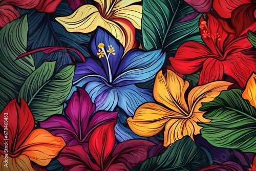 illustration of jungle leaf pattern Hawaiian hibiscus primary colors, Generative ai