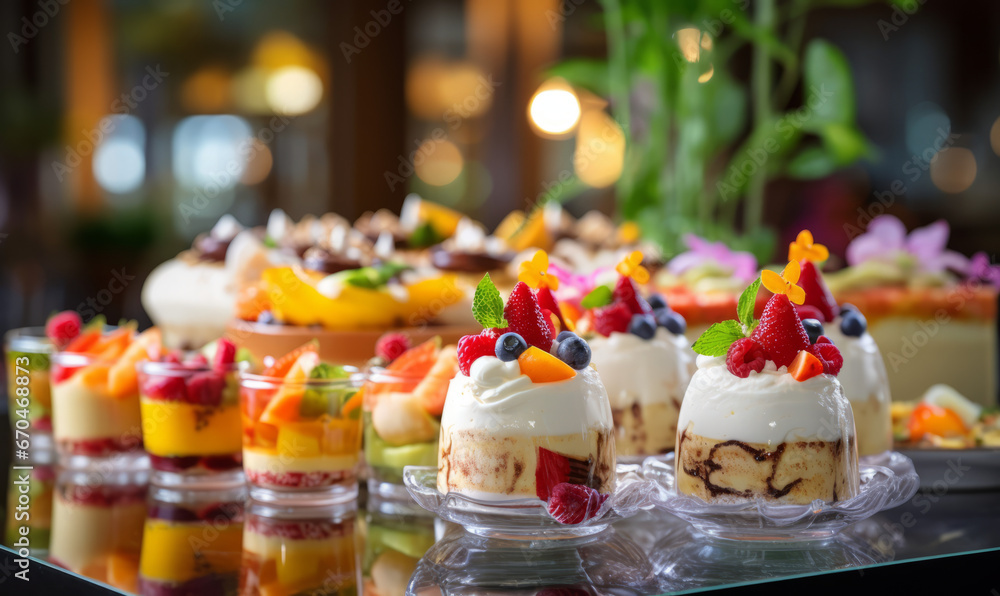 Group of people, catering, buffet, eating indoors in restaurant with desserts, cakes and colorful fruits