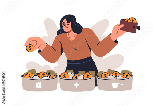 Finance expenses allocation, costs distribution concept. Person spending money, planning, spreading personal budget, savings, financial strategy. Flat vector illustration isolated on white background