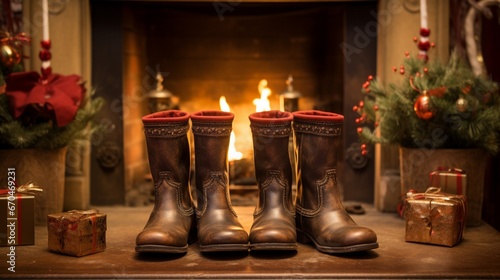 A pair of children's boots, placed eagerly by a fireplace, awaiting Santa's treats. © Ahmad