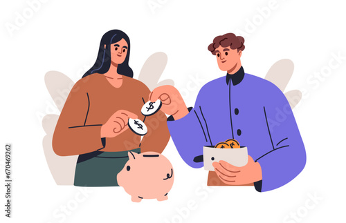 Family saving money. Thrifty couple putting, collecting coins, finance in piggy for future, dream. Financial literacy, personal budget concept. Flat vector illustration isolated on white background